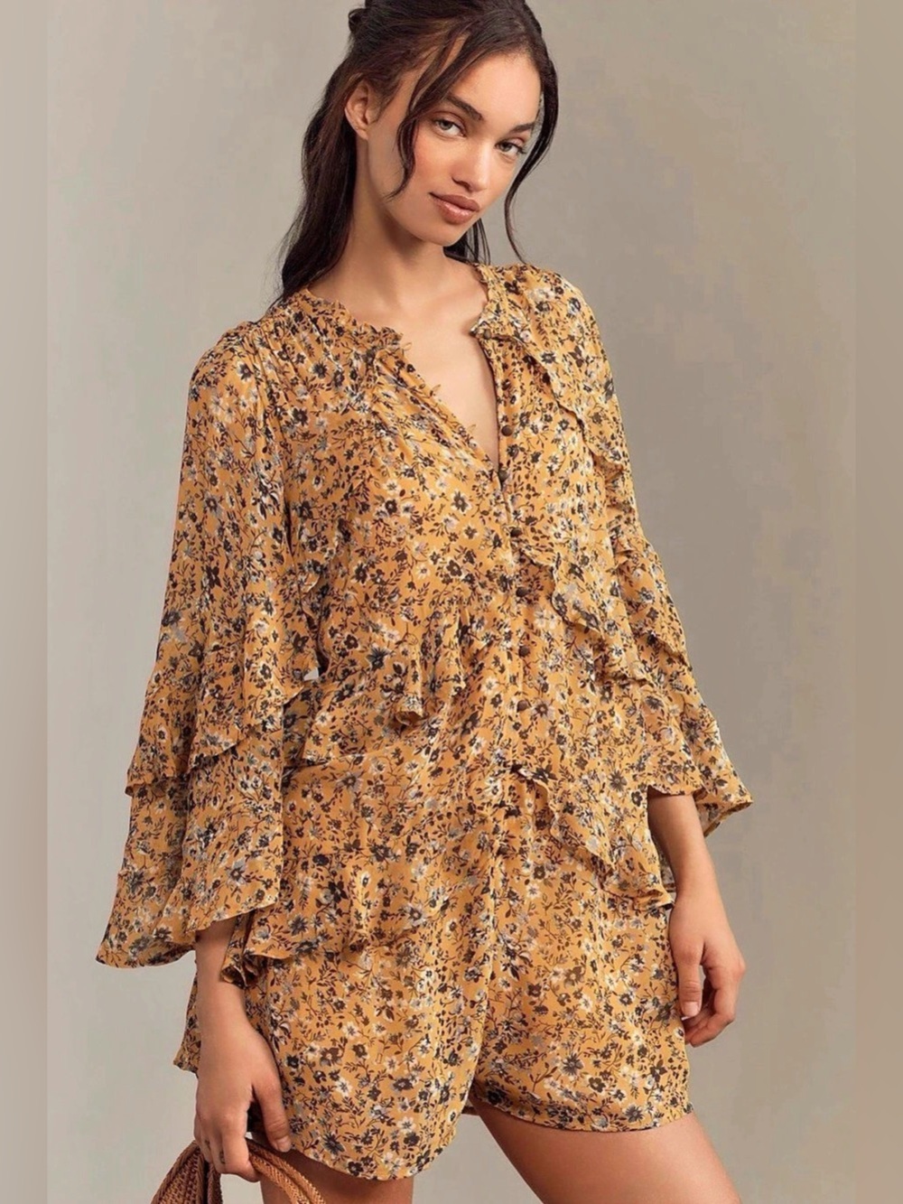 Anthropologie Floral Romper in Yellow & Blue Size Small NWT